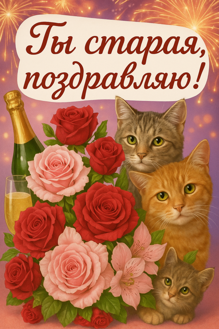 Прикольная открытка «Ты старая, поздравляю!» с котиками и шампанским