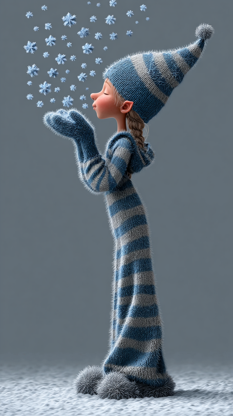 Девочка дует на снежинки – зимняя иллюстрация