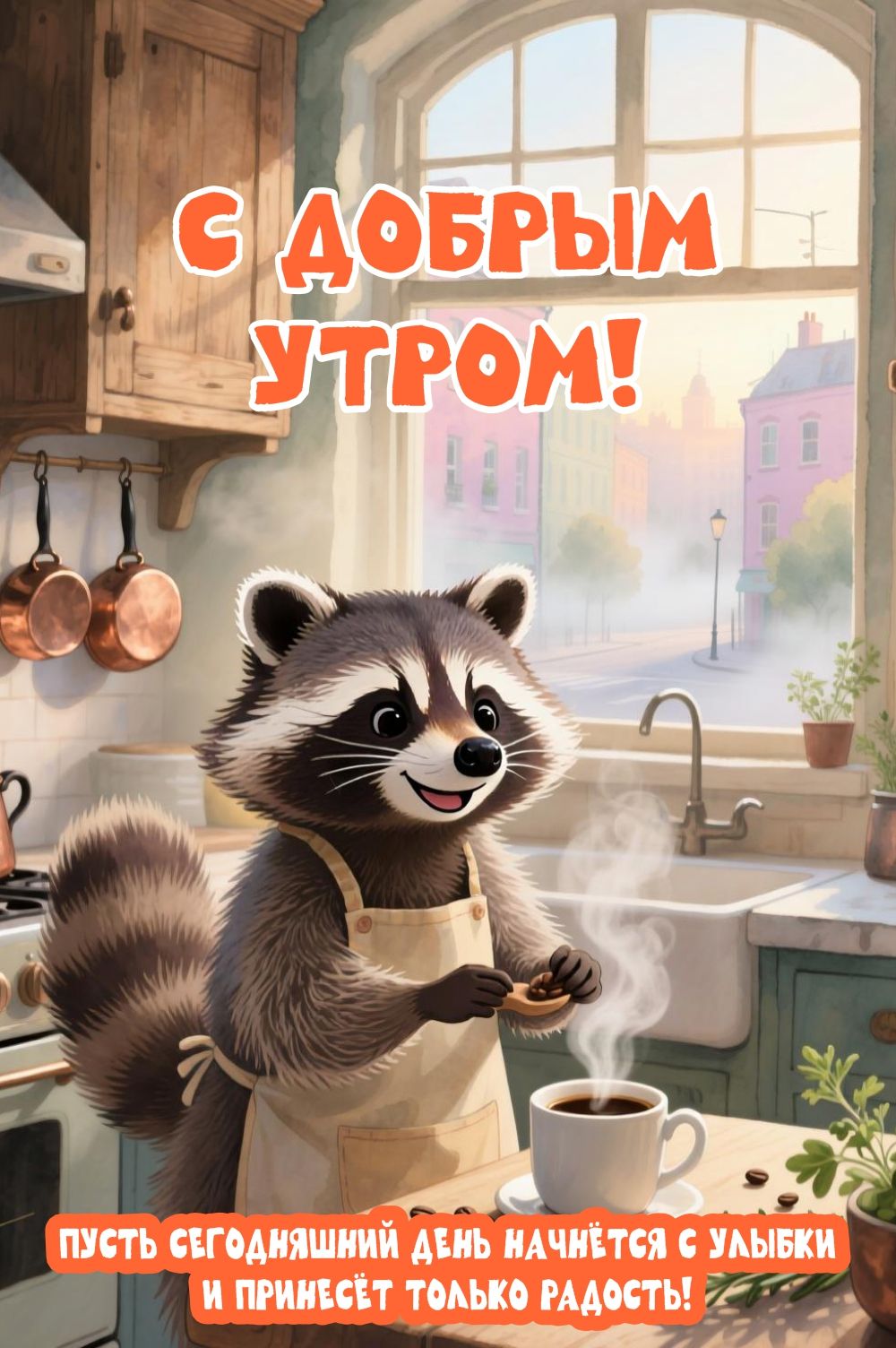 Милая открытка с добрым утром: енот готовит кофе на уютной кухне