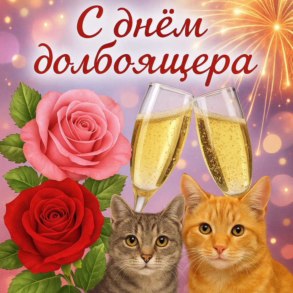 Кринжовая открытка «С днём долбоящера» с котиками и бокалами