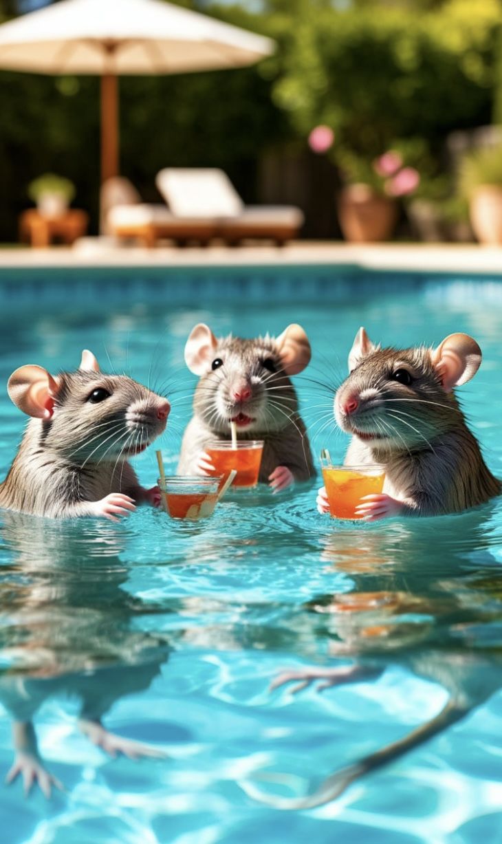 Три крысы купаются в бассейне и наслаждаются жизнью пьют коктейли