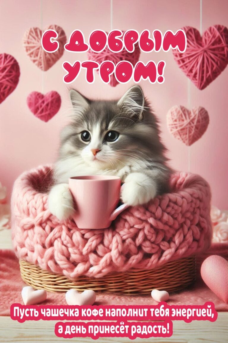Милая открытка с добрым утром с котёнком и кофе
