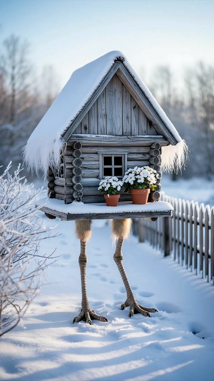 free 4K wallpapers hut on chicken legs, winter, flowers, snow, art, fairy tale, realism by ᒪOᐯᗴᖇ …