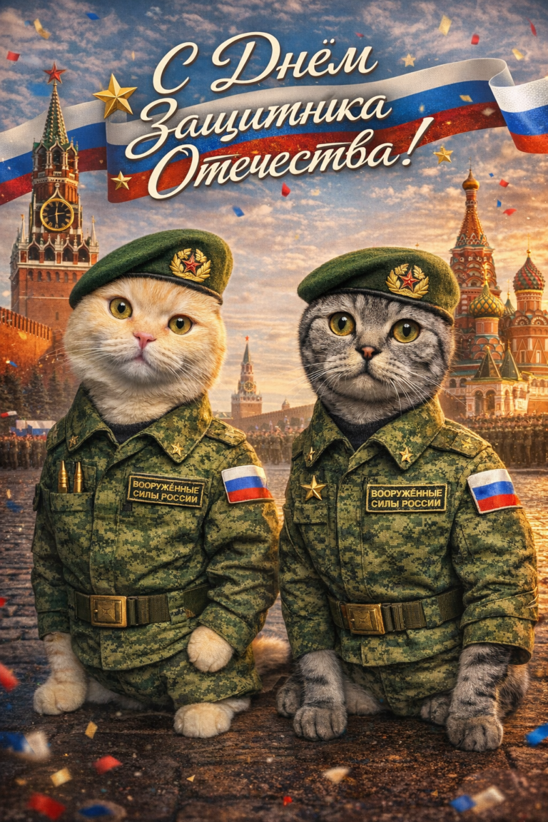 С Днём защитника Отечества! Открытка с котами