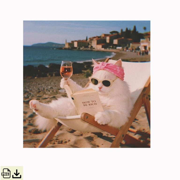 Vacances de luxe chat PNG, riche chat plage esthétique Clipart, drôle de chat lecture livre Meme, graphique de chat de richesse côtière