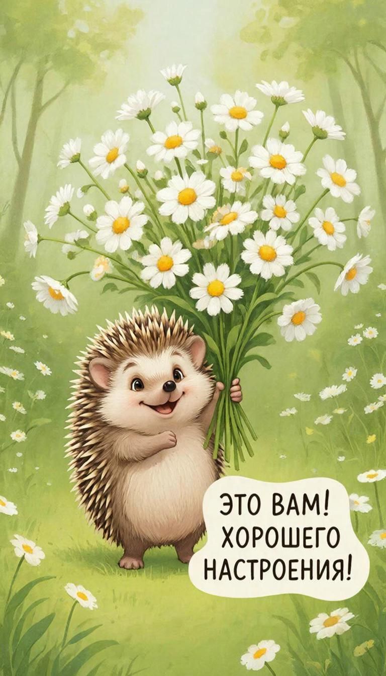 Позитивная открытка. Ежик с букетом. Это вам. Хорошего настроения. Пожелание