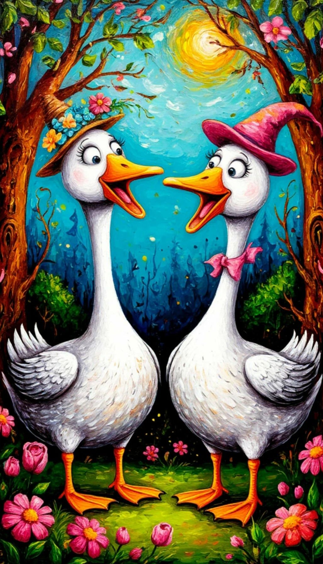 весёлые гусики, два гуся, смешные гуси в шляпах. рисунок