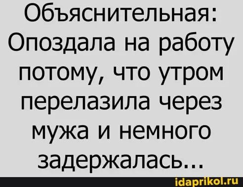 Объяснительная: Опоздала на работу потому, что утром перелазила через мужа и немного задержалась… – АйДаПрикол