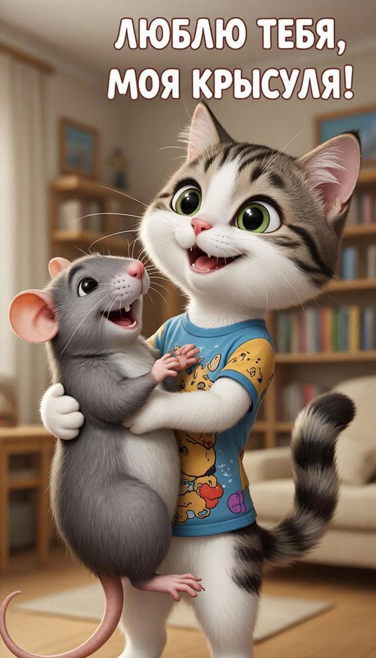 Люблю тебя. Кот. Крыса. Открытка. Признание в любви
