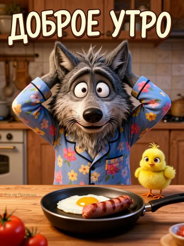 Доброе утро милая открытка серый волк готовит завтрак