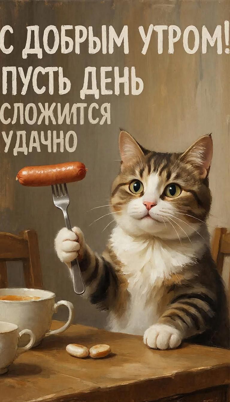 С добрым утром! Удачного дня. Пожелание на день. Открытка доброе утро. Кот. Открытка с юмором